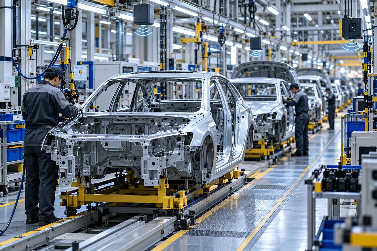 Automotive production line with vehicles moving between workstations and RFID checkpoints