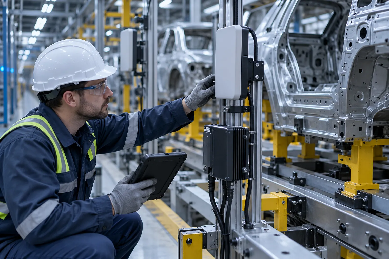 Engineer adjusting an RFID reader installation beside a metal automotive body on a factory line