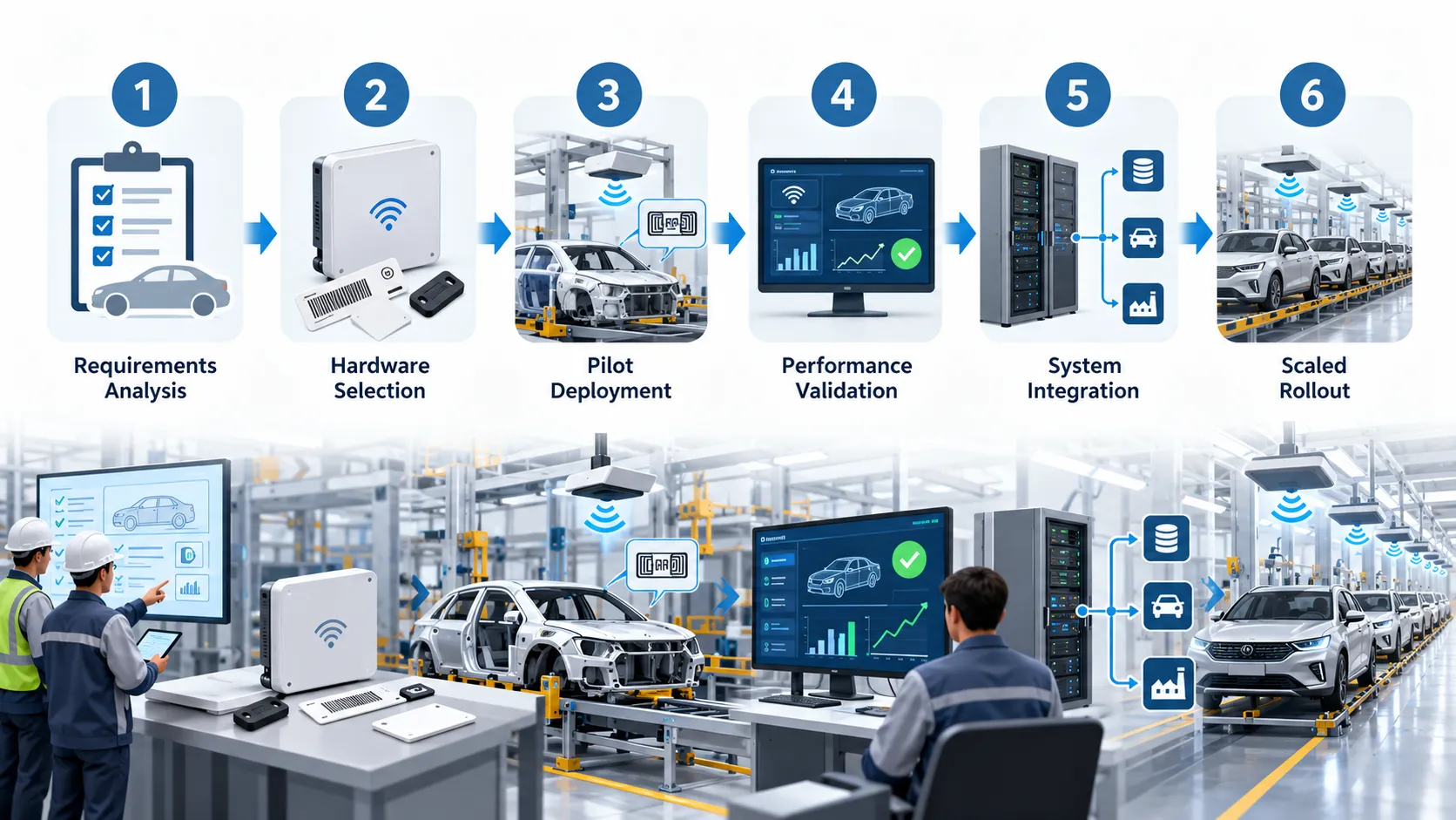 Automotive RFID project implementation workflow from requirements and hardware selection to pilot testing and deployment