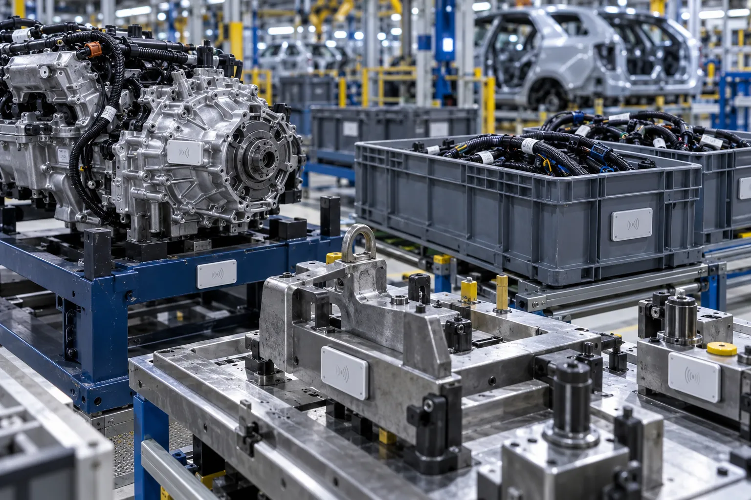 RFID tags associated with automotive parts, wiring harnesses, metal fixtures, and reusable containers