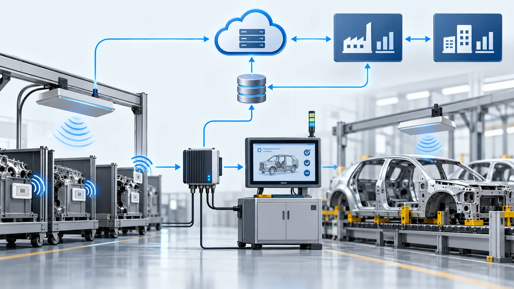 Illustration of an automotive RFID system connecting tags, readers, workstations, and enterprise software